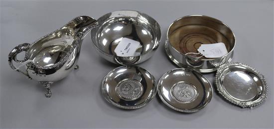 A silver bottle coaster, a silver sauceboat with lion mask and paw feet and four other items, approx 20oz gross